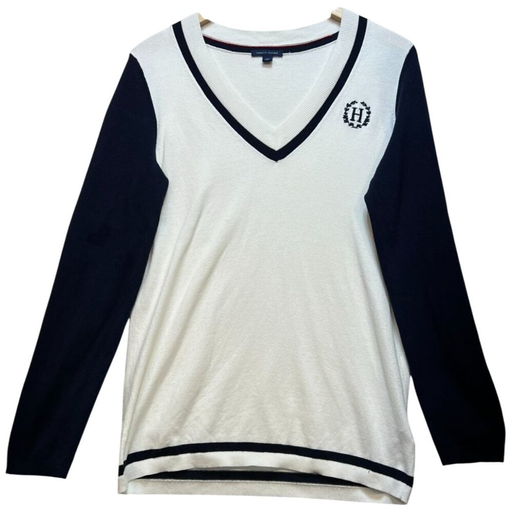 Tommy Hilfiger Womens Preppy V Neck Pullover Sweater Knit Size M Navy White